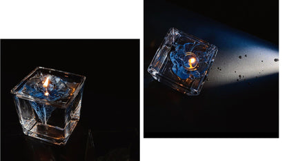Elegant, romantic, handmade transparent 3D floating iceberg made of jelly wax, clear wick.