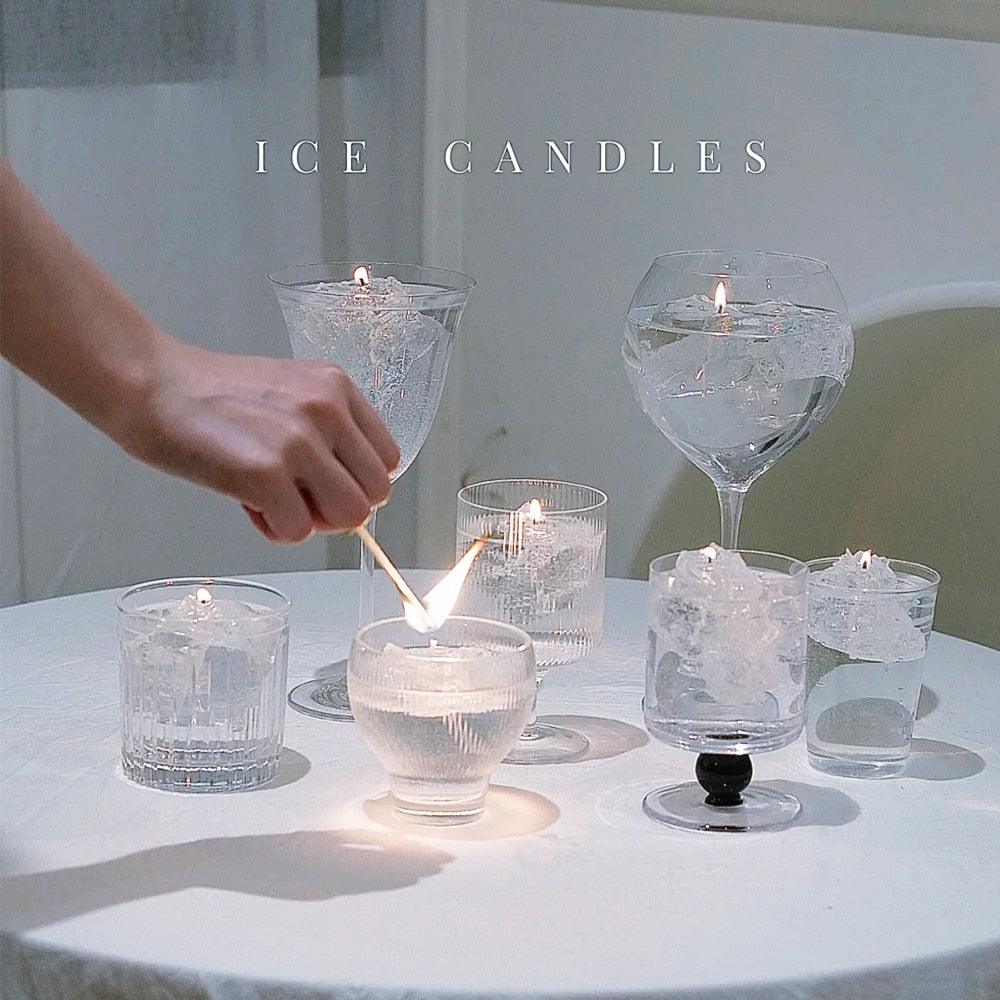 Elegant, romantic, handmade transparent 3D floating iceberg made of jelly wax, clear wick.